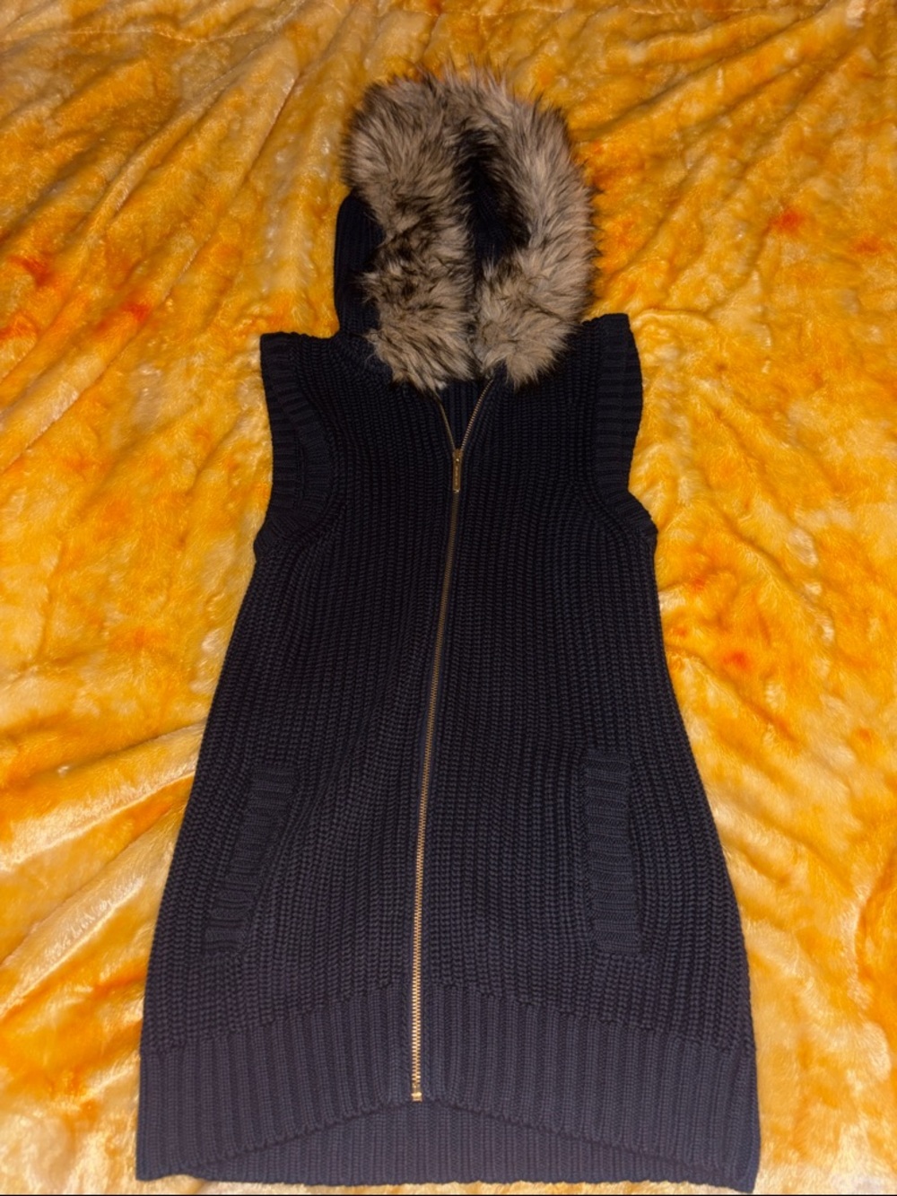 Michael Kors Knit Hooded Vest with Faux Fur Trim - Navy Blue - Picture 1 of 4